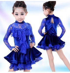 Royal blue colored girls kids toddlers baby children velvet  lace long sleeves turtle neck competition professional exercises latin dance dresses