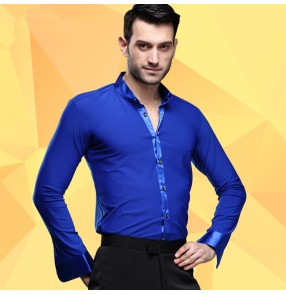 Royal blue colored men's man mens long sleeves silk like ribbon stand collar competition professional ballroom latin jive tango waltz dance shirts tops