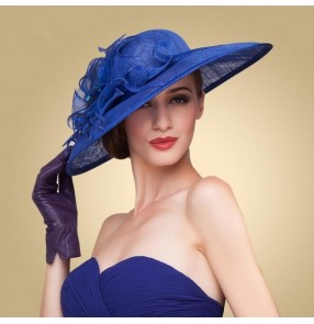 royal blue Elegant Women Wide Brim Floral Floppy Fancy Derby Wedding Dress sinamay Church Hat 