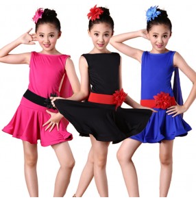 Royal blue fuchsia black sleeveless girls kids child children exercises practice latin salsa samba cha cha dance dresses