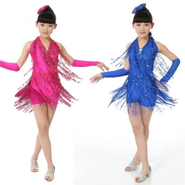 Royal blue fuchsia hot pink glitter fringes sequins leotards girls kids ...