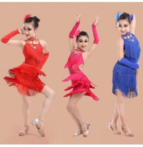 Royal blue fuchsia red Girls kids child children baby fringe rhinestones backless with gloves professional competition exercises latin dance dresses