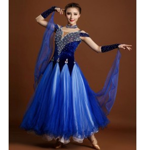 Royal blue fuchsia rhinestones colored velvet tulle patchwork  womens women's ladies female competition professional standard full ballroom waltz tango dance dresses with choker and gloves