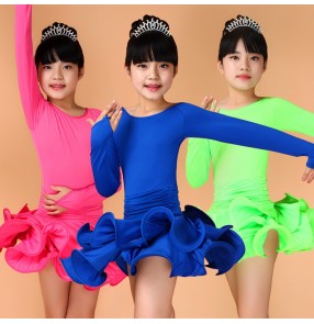Royal blue fuchsia turquoise neon green yellow colored girls kids child children toddlers kids long sleeves round neck ruffles skirts competition latin ballroom dance practice dance dresses leotard skirts 