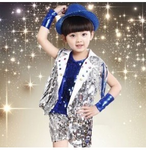 royal blue gold yellow Boys kids children child baby paillette sequined modern dance stage performance costumes jazz dance clothes set top shorts coat cuffs