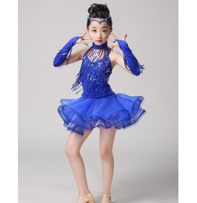 Royal blue red fuchsia fringe girls kids child children toddlers paillette competition stage performance latin salsa cha cha dance dresses costumes 
