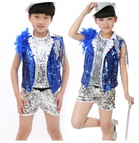 Royal blue red sequined silver feather children girls boys child kids baby modern dance stage performance hip hop jazz dance costumes dresses outfits sets