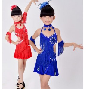 Royal blue red yellow violet purple girls kids child children toddlers growth  backless latin salsa cha cha dance dresses 