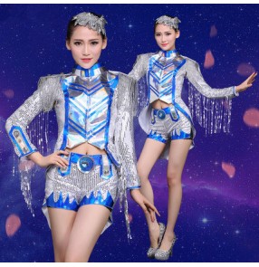 Royal blue silver sequins women's ladies long sleeves tuxedo fringes tassels fashion sexy stage performance modern cos play dance jazz singer ds hip hop dance costumes outfits