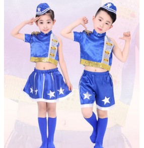 Royal blue white patchwork  with hats girls kids child children boys toddlers kindergarten baby jazz dance t show play modern street dance hip hop dance costumes outfits