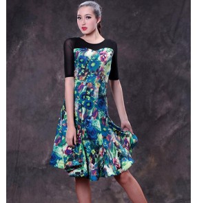 Short sleeves black and green floral patchwork back hollow women's ladies female competition performance professional latin ballroom dance dresses skirts outfits 