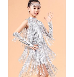 Silver gold red royal blue paillette sequined fringe girls kids child child children toddlers growth stage performance latin salsa cha cha dance dresses