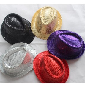 Silver gold red violet black  paillette colored Boys girls kids child children kids toddlers stage performance modern jazz dance hip hop dj ds singer party cos play dance costumes accessories hats fedoras