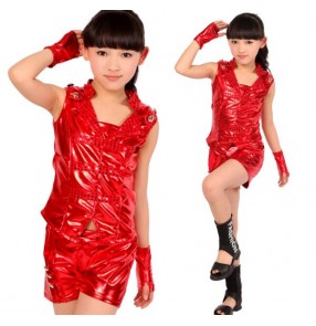 Silver red pu leather girls kids child children toddlers kindergarten modern dance jazz dance stage hip hop performance dance outfits sets costumes