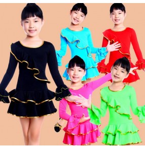 Turquoise black red neon green fuchsia colored girls kids child children toddlers gymnastics practice long sleeves latin ballroom dance dresses with inside shorts