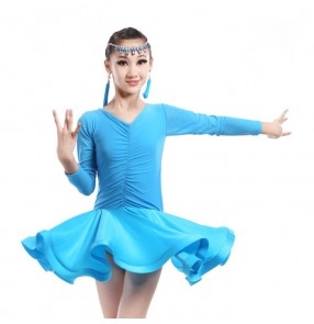 Turquoise blue mint green long sleeves girls kids children v neck spandex gymnastics competition performance ballroom latin cha cha dance dresses outfits
