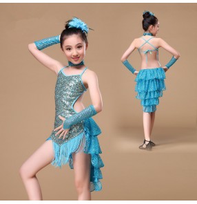 Turquoise light blue red sequined paillette backless girls kids child children baby toddlers growth fringe salsa cha cha latin samba rumba dance dresses with gloves