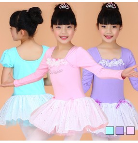 Turquoise violet pink colored girls kids children child toddlers long sleeves round neck competition professional tutu skirts gymnastics catsuit leotard practice ballet dance dresses