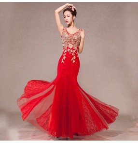 V neck red Mermaid Royal red lace Long Evening Dress Rhinestone Prom Dresses