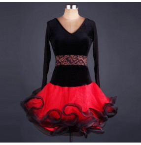 Velvet  with lace long sleeves v neck black and red patchwork competition women's ladies female professional performance ballroom latin dance dresses costumes outfits