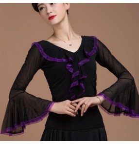 Violet black patchwork women's Ladies female long  v ruffles neck loose cuffs sleeves competition professional latin ballroom tango waltz dance tops only 