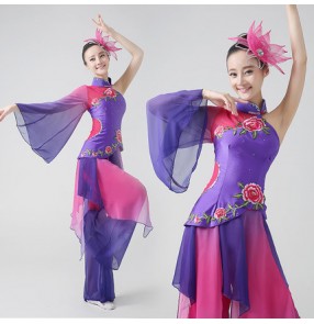 Violet colored women's ladies chinese folk dance  stage performance one shoulder traditional fan dance costumes yangko dance dresses split set  costumes