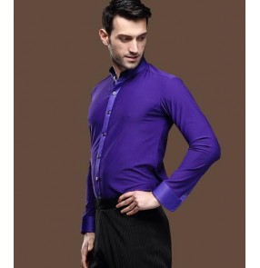 Violet purple colored mens men's male man long sleeves stand collar competition professional ballroom waltz tango jive latin dane shirts tops 