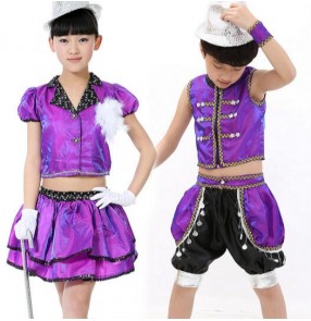 Violet purple short sleeves girls kids child children boys toddlers growth modern dance jazz dance dj ds singer dance costumes split set 