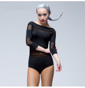  Violet red black Women's ladies female middle long sleeves see through mesh see through sexy fashionable competition latin ballroom salsa cha cha dance tops leotard tops bodysuits