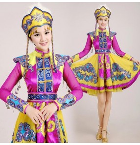 Violet yellow gold satin long sleeves patchwork stage performance monority mongolian russian women's ladies female competition cos play party dancing outfits costumes