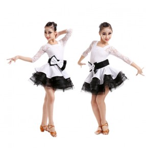 White and black patchwork colored girls kids child children baby short sleeves lace boat neck ruffles swing skirt  competition professional latin dance dresses with sashes