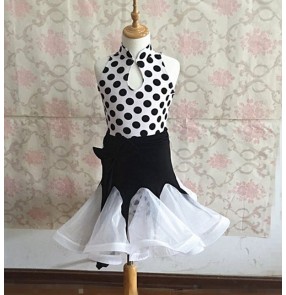 White and black polka dot printed girls kids children stage performance competition latin salsa dance dresses costumes outfits