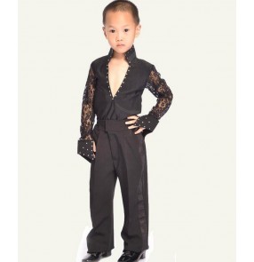 White black colored boys kids child children toddlers long lace sleeves split set competition professional practice latin  dance dresses set top shirts and long pants