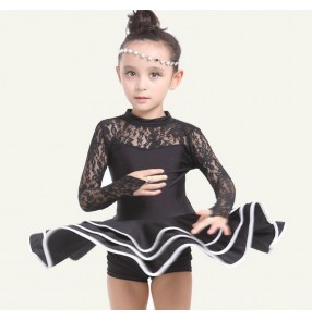 White black lace colored girls kids child children toddlers baby long sleeves competition practice professional latin dance dresses swing skirts with shorts 