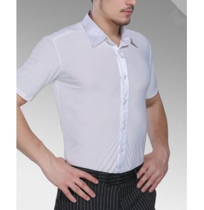 White colored short sleeves mens men's male man turn town collar competition exercises summer latin ballroom jive waltz tango dance shirts tops 
