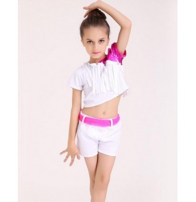 White colored  with fuchsia sashes girls kids children split set modern dance stage performance jazz dj ds dance costumes tops and shorts