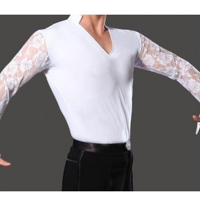 White long lace sleeves male adult men's boys kids children v neck competition performance professional latin ballroom tango flamenco dance tops shirts for mens man