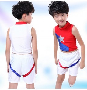 Royal blue white red Aerobics Basketball Football girls children kids  school sports dance performance cheer leading clothes cheerleader uniforms  outfits