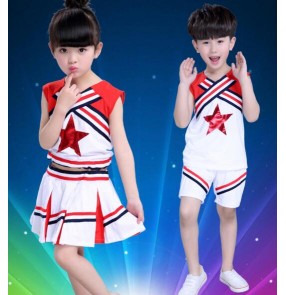 White red patchwork sleeveless girls boys kids child Children toddlers growth gymnastics practice exercises cheer leading dance costumes sports stage performance clothes costumes