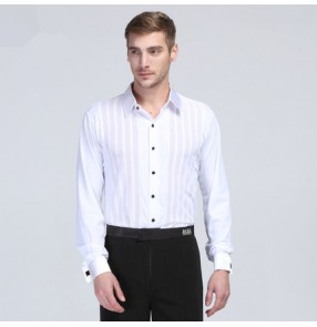 White striped long sleeves Adult  men's males mans mens competition professional turn down collar  latin ballroom dance shirts body tops  leotard dancing stage performance  shirts 
