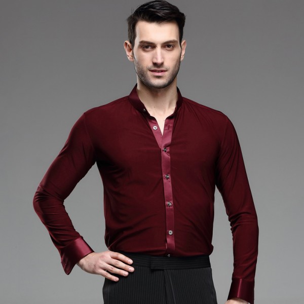 Wine colored mens men's male man long sleeves stand collar standard ...