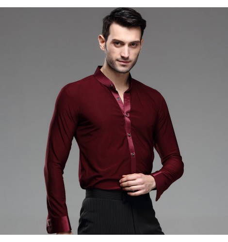 Wine colored mens men's male man long sleeves stand collar standard ...