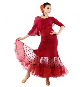 Wine red black women's polka dot ballroom dancing dress set dance top dance skirt 