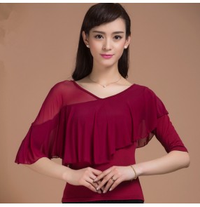 Wine red colored women's ladies female round neck ruffles tulle cap sleeves  front and back competition professional latin ballroom waltz tango dance tops only 