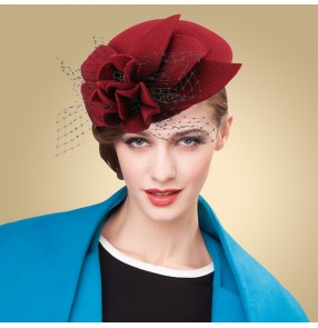 Wine red  fuchsia Fashion Bow Veil Small fedoras Hat 100%wool
