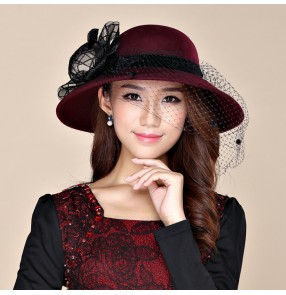 Women Fascinator 100% Wool Hat Formal Party Wedding gothic Church Bow Veil fedoras headdress large brim hat