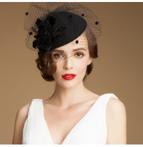 Women's 100% wool fedoras pillbox hat veil top wedding hat  black fuchsia 