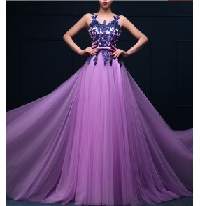Women's applique decoration violet turquoise with belt long A-line wedding party dress evening dress