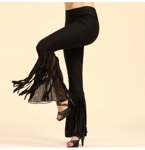 Women's black long  tassels wide legs latin samba dance pants 