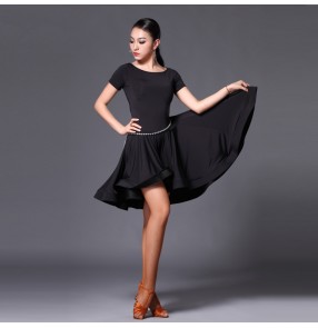Women's black red with short sleeves  diamond belt latin  salsa dance dress 